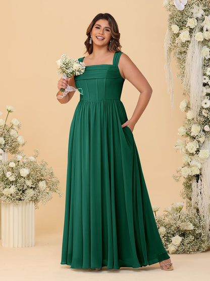 Robes de Demoiselle d'Honneur Grande Taille en Chiffon, Coupe Trapèze/Princesse, Col Carré, sans Manches, avec Plis