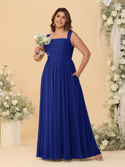 Robes de Demoiselle d'Honneur Grande Taille en Chiffon, Coupe Trapèze/Princesse, Col Carré, sans Manches, avec Plis