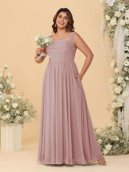 Robes de Demoiselle d'Honneur Grande Taille en Chiffon, Coupe Trapèze/Princesse, Col Carré, sans Manches, avec Plis