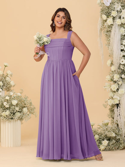 Robes de Demoiselle d'Honneur Grande Taille en Chiffon, Coupe Trapèze/Princesse, Col Carré, sans Manches, avec Plis