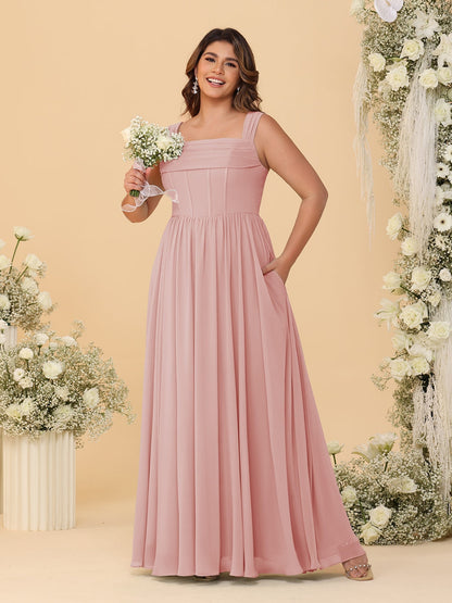 Robes de Demoiselle d'Honneur Grande Taille en Chiffon, Coupe Trapèze/Princesse, Col Carré, sans Manches, avec Plis