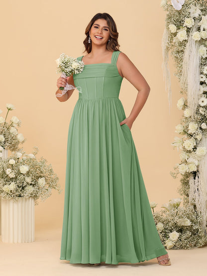 Robes de Demoiselle d'Honneur Grande Taille en Chiffon, Coupe Trapèze/Princesse, Col Carré, sans Manches, avec Plis