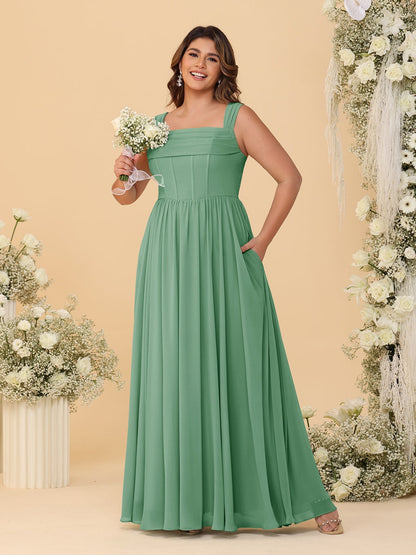 Robes de Demoiselle d'Honneur Grande Taille en Chiffon, Coupe Trapèze/Princesse, Col Carré, sans Manches, avec Plis
