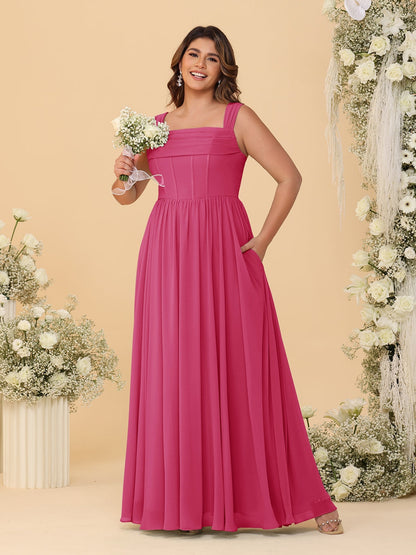 Robes de Demoiselle d'Honneur Grande Taille en Chiffon, Coupe Trapèze/Princesse, Col Carré, sans Manches, avec Plis