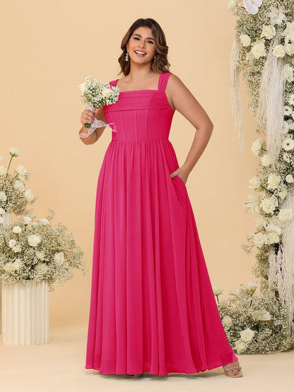 Robes de Demoiselle d'Honneur Grande Taille en Chiffon, Coupe Trapèze/Princesse, Col Carré, sans Manches, avec Plis