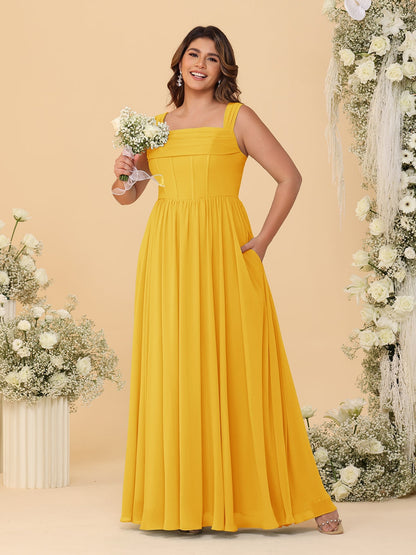 Robes de Demoiselle d'Honneur Grande Taille en Chiffon, Coupe Trapèze/Princesse, Col Carré, sans Manches, avec Plis