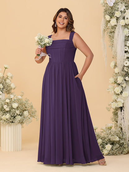 Robes de Demoiselle d'Honneur Grande Taille en Chiffon, Coupe Trapèze/Princesse, Col Carré, sans Manches, avec Plis