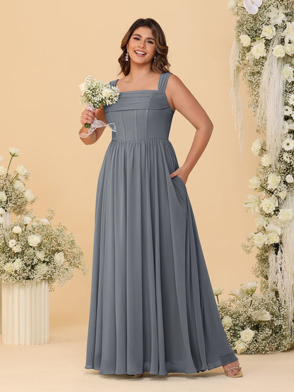 Robes de Demoiselle d'Honneur Grande Taille en Chiffon, Coupe Trapèze/Princesse, Col Carré, sans Manches, avec Plis