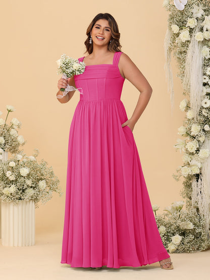 Robes de Demoiselle d'Honneur Grande Taille en Chiffon, Coupe Trapèze/Princesse, Col Carré, sans Manches, avec Plis