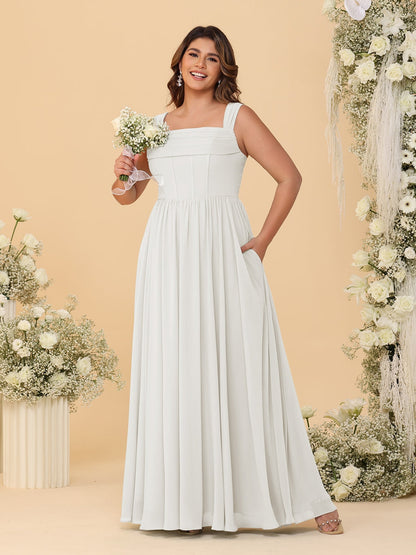 Robes de Demoiselle d'Honneur Grande Taille en Chiffon, Coupe Trapèze/Princesse, Col Carré, sans Manches, avec Plis