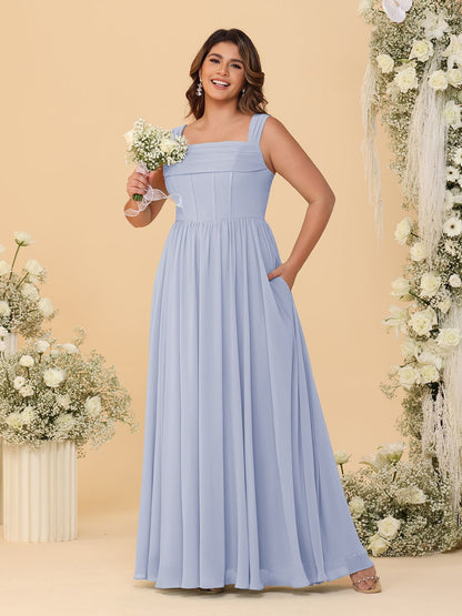 Robes de Demoiselle d'Honneur Grande Taille en Chiffon, Coupe Trapèze/Princesse, Col Carré, sans Manches, avec Plis