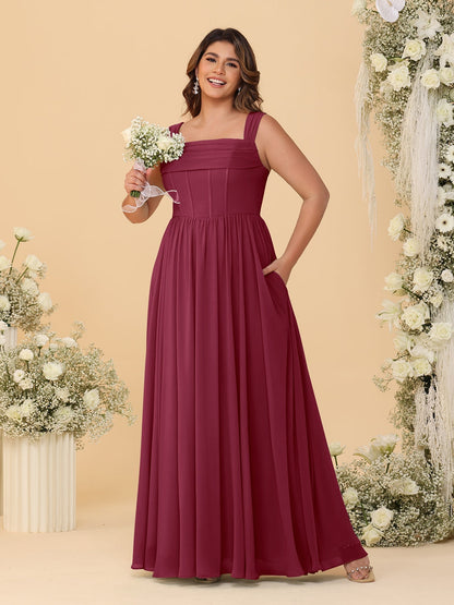 Robes de Demoiselle d'Honneur Grande Taille en Chiffon, Coupe Trapèze/Princesse, Col Carré, sans Manches, avec Plis
