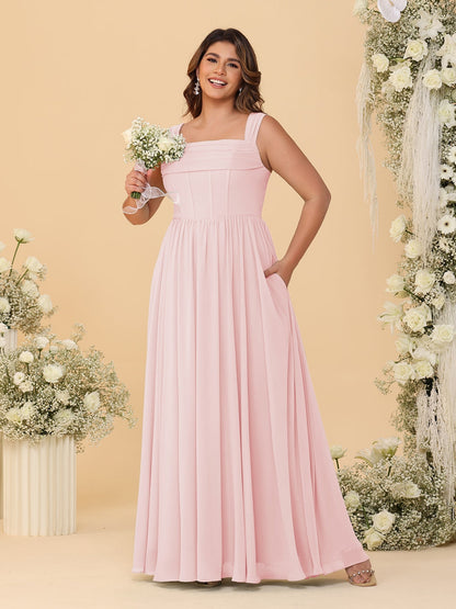 Robes de Demoiselle d'Honneur Grande Taille en Chiffon, Coupe Trapèze/Princesse, Col Carré, sans Manches, avec Plis