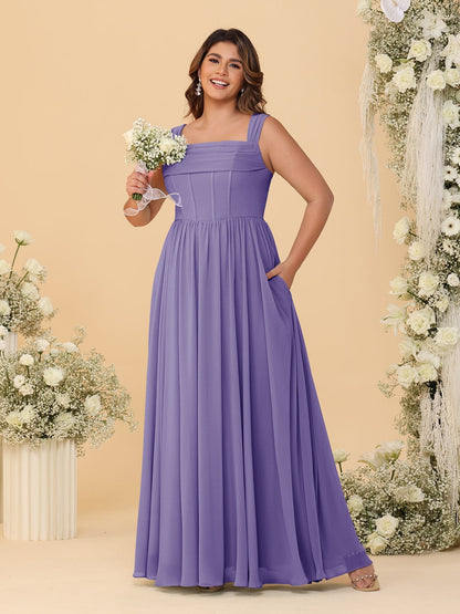 Robes de Demoiselle d'Honneur Grande Taille en Chiffon, Coupe Trapèze/Princesse, Col Carré, sans Manches, avec Plis