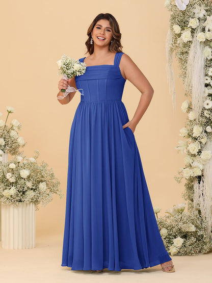 Robes de Demoiselle d'Honneur Grande Taille en Chiffon, Coupe Trapèze/Princesse, Col Carré, sans Manches, avec Plis