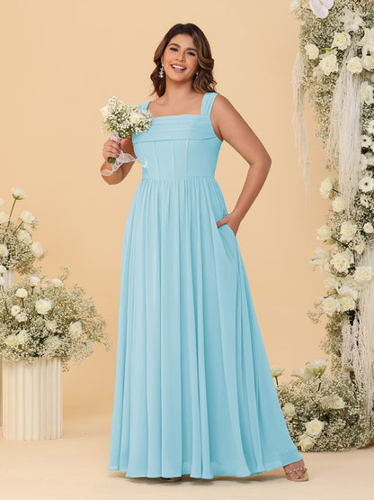Robes de Demoiselle d'Honneur Grande Taille en Chiffon, Coupe Trapèze/Princesse, Col Carré, sans Manches, avec Plis