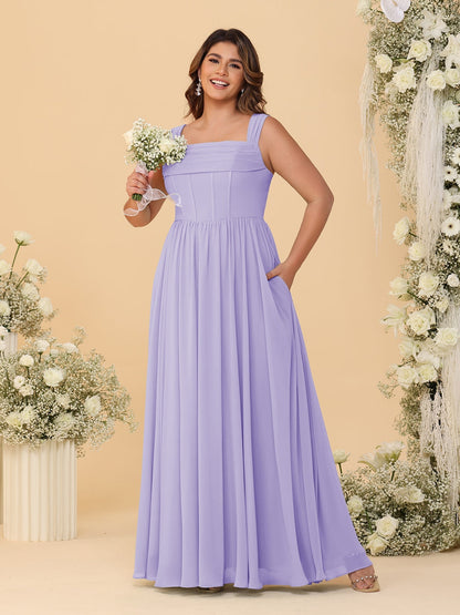 Robes de Demoiselle d'Honneur Grande Taille en Chiffon, Coupe Trapèze/Princesse, Col Carré, sans Manches, avec Plis