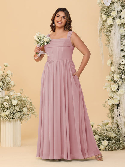 Robes de Demoiselle d'Honneur Grande Taille en Chiffon, Coupe Trapèze/Princesse, Col Carré, sans Manches, avec Plis