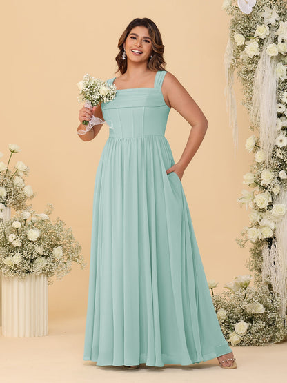 Robes de Demoiselle d'Honneur Grande Taille en Chiffon, Coupe Trapèze/Princesse, Col Carré, sans Manches, avec Plis