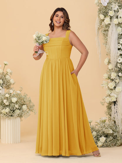 Robes de Demoiselle d'Honneur Grande Taille en Chiffon, Coupe Trapèze/Princesse, Col Carré, sans Manches, avec Plis