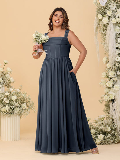 Robes de Demoiselle d'Honneur Grande Taille en Chiffon, Coupe Trapèze/Princesse, Col Carré, sans Manches, avec Plis
