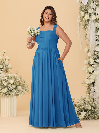 Robes de Demoiselle d'Honneur Grande Taille en Chiffon, Coupe Trapèze/Princesse, Col Carré, sans Manches, avec Plis