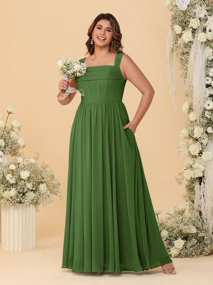 Robes de Demoiselle d'Honneur Grande Taille en Chiffon, Coupe Trapèze/Princesse, Col Carré, sans Manches, avec Plis