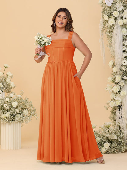 Robes de Demoiselle d'Honneur Grande Taille en Chiffon, Coupe Trapèze/Princesse, Col Carré, sans Manches, avec Plis