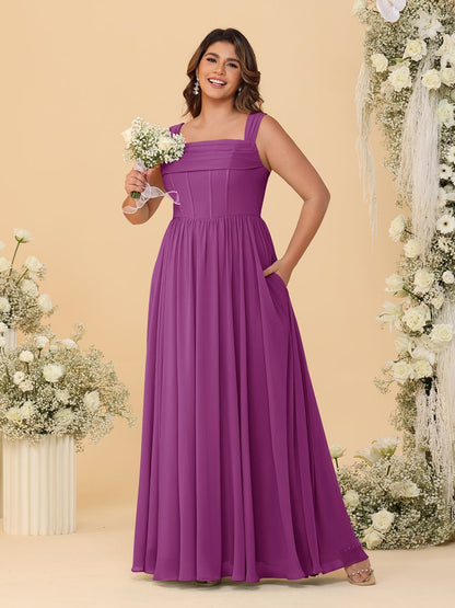 Robes de Demoiselle d'Honneur Grande Taille en Chiffon, Coupe Trapèze/Princesse, Col Carré, sans Manches, avec Plis
