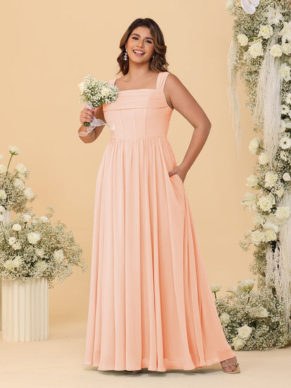 Robes de Demoiselle d'Honneur Grande Taille en Chiffon, Coupe Trapèze/Princesse, Col Carré, sans Manches, avec Plis