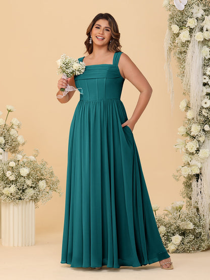 Robes de Demoiselle d'Honneur Grande Taille en Chiffon, Coupe Trapèze/Princesse, Col Carré, sans Manches, avec Plis