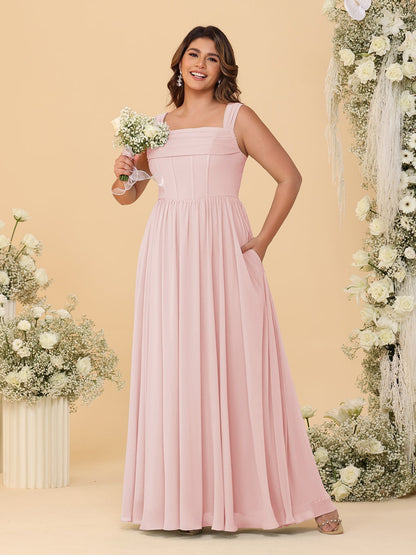 Robes de Demoiselle d'Honneur Grande Taille en Chiffon, Coupe Trapèze/Princesse, Col Carré, sans Manches, avec Plis