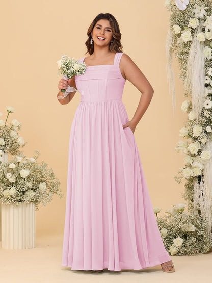 Robes de Demoiselle d'Honneur Grande Taille en Chiffon, Coupe Trapèze/Princesse, Col Carré, sans Manches, avec Plis
