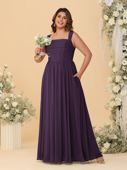 Robes de Demoiselle d'Honneur Grande Taille en Chiffon, Coupe Trapèze/Princesse, Col Carré, sans Manches, avec Plis