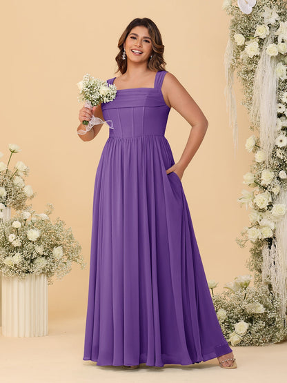 Robes de Demoiselle d'Honneur Grande Taille en Chiffon, Coupe Trapèze/Princesse, Col Carré, sans Manches, avec Plis