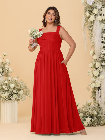 Robes de Demoiselle d'Honneur Grande Taille en Chiffon, Coupe Trapèze/Princesse, Col Carré, sans Manches, avec Plis