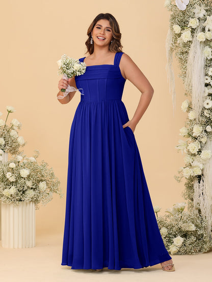 Robes de Demoiselle d'Honneur Grande Taille en Chiffon, Coupe Trapèze/Princesse, Col Carré, sans Manches, avec Plis