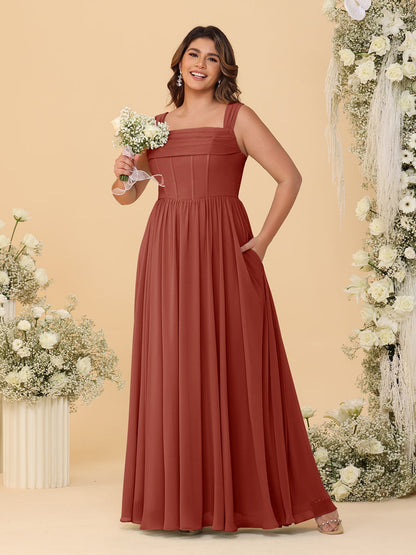 Robes de Demoiselle d'Honneur Grande Taille en Chiffon, Coupe Trapèze/Princesse, Col Carré, sans Manches, avec Plis