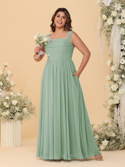 Robes de Demoiselle d'Honneur Grande Taille en Chiffon, Coupe Trapèze/Princesse, Col Carré, sans Manches, avec Plis