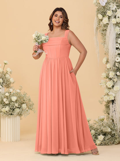 Robes de Demoiselle d'Honneur Grande Taille en Chiffon, Coupe Trapèze/Princesse, Col Carré, sans Manches, avec Plis