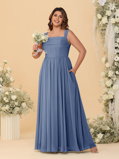 Robes de Demoiselle d'Honneur Grande Taille en Chiffon, Coupe Trapèze/Princesse, Col Carré, sans Manches, avec Plis