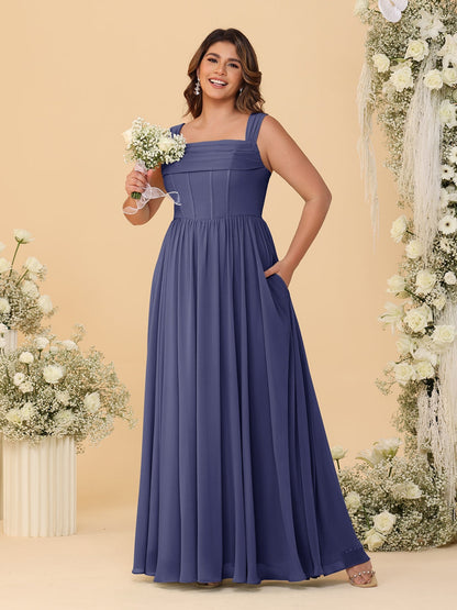 Robes de Demoiselle d'Honneur Grande Taille en Chiffon, Coupe Trapèze/Princesse, Col Carré, sans Manches, avec Plis