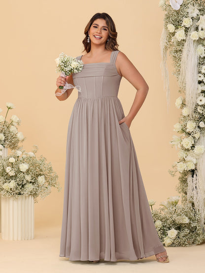 Robes de Demoiselle d'Honneur Grande Taille en Chiffon, Coupe Trapèze/Princesse, Col Carré, sans Manches, avec Plis