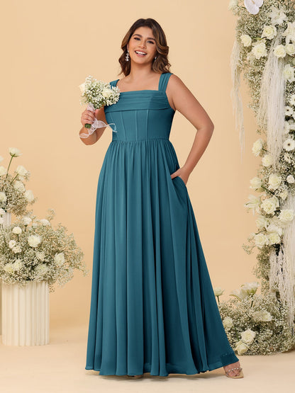 Robes de Demoiselle d'Honneur Grande Taille en Chiffon, Coupe Trapèze/Princesse, Col Carré, sans Manches, avec Plis