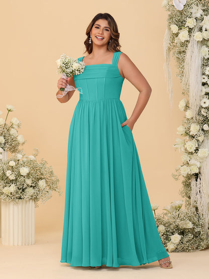 Robes de Demoiselle d'Honneur Grande Taille en Chiffon, Coupe Trapèze/Princesse, Col Carré, sans Manches, avec Plis