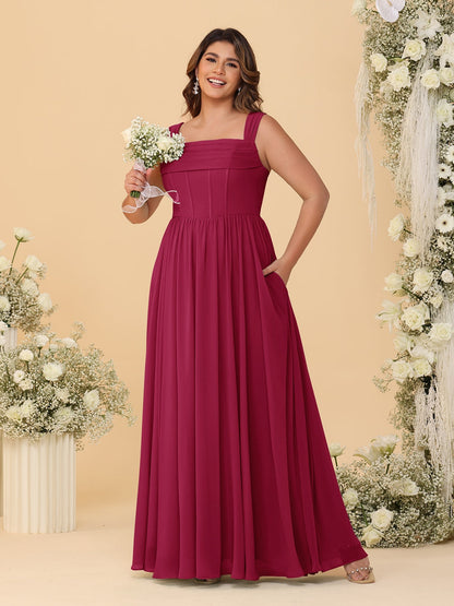 Robes de Demoiselle d'Honneur Grande Taille en Chiffon, Coupe Trapèze/Princesse, Col Carré, sans Manches, avec Plis