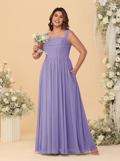 Robes de Demoiselle d'Honneur Grande Taille en Chiffon, Coupe Trapèze/Princesse, Col Carré, sans Manches, avec Plis