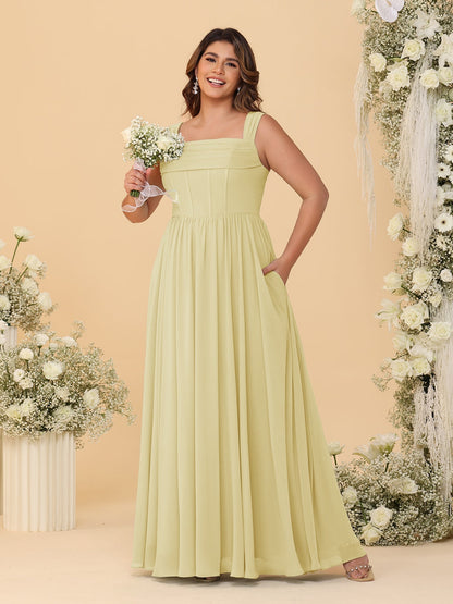 Robes de Demoiselle d'Honneur Grande Taille en Chiffon, Coupe Trapèze/Princesse, Col Carré, sans Manches, avec Plis