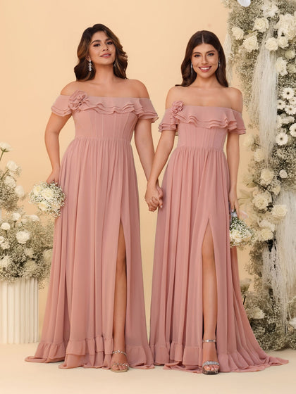 Robes de Demoiselle d'Honneur en Chiffon, Ligne A/Princesse, Décolleté Épaules Dénudées, Manches Courtes, Plissées