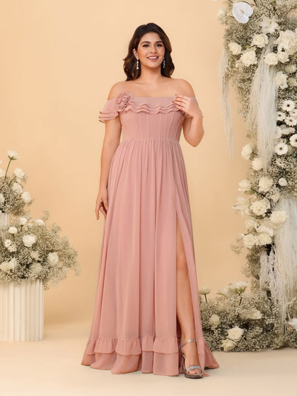 Robes de Demoiselle d'Honneur Grande Taille en Chiffon, Style Princesse/Ligne A, Décolleté Épaules Dénudées, Manches Courtes avec Fente Latérale